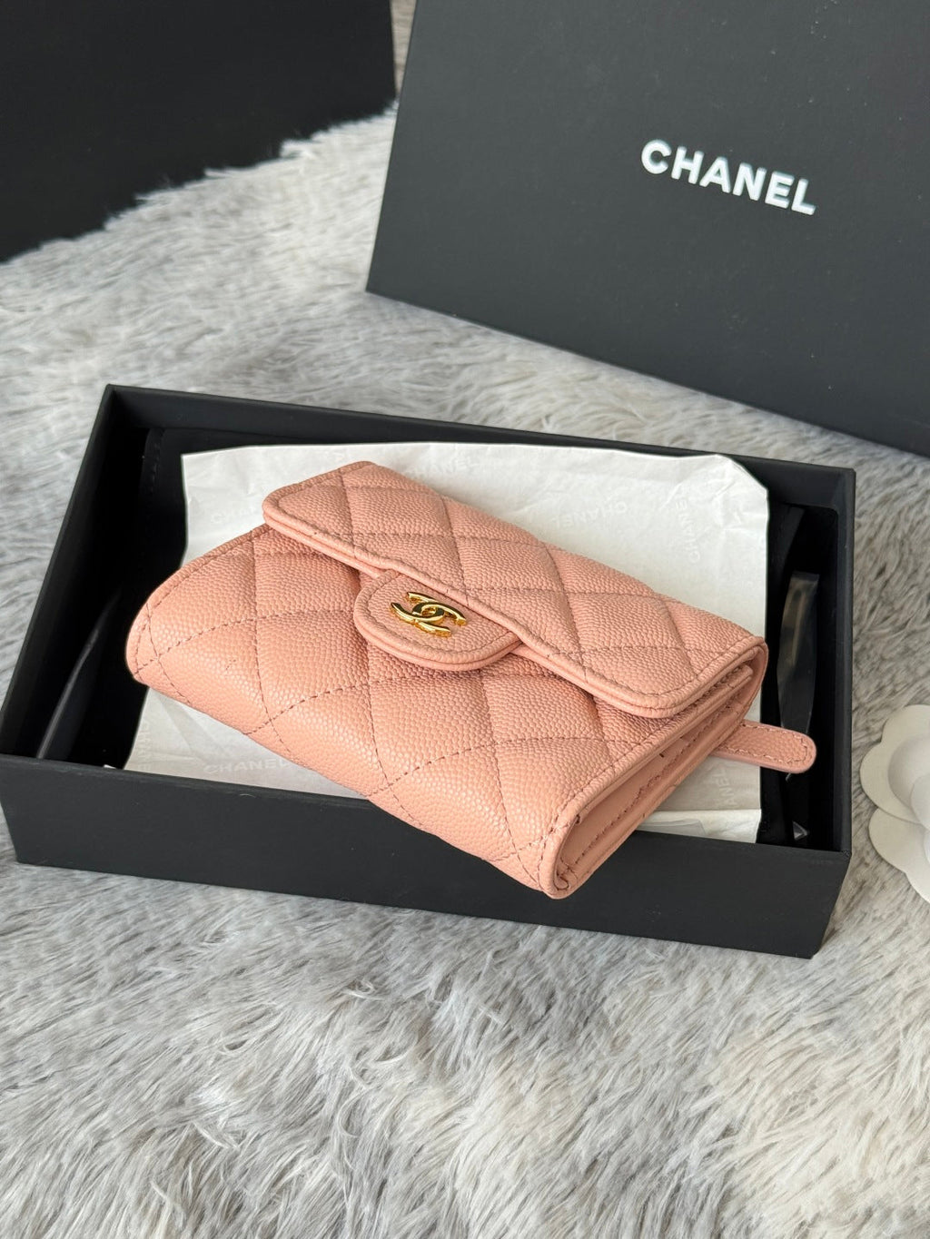Chanel 25S Cf Small Tri Fold Wallet 11 in Peach Pink Caviar Gold Hardware