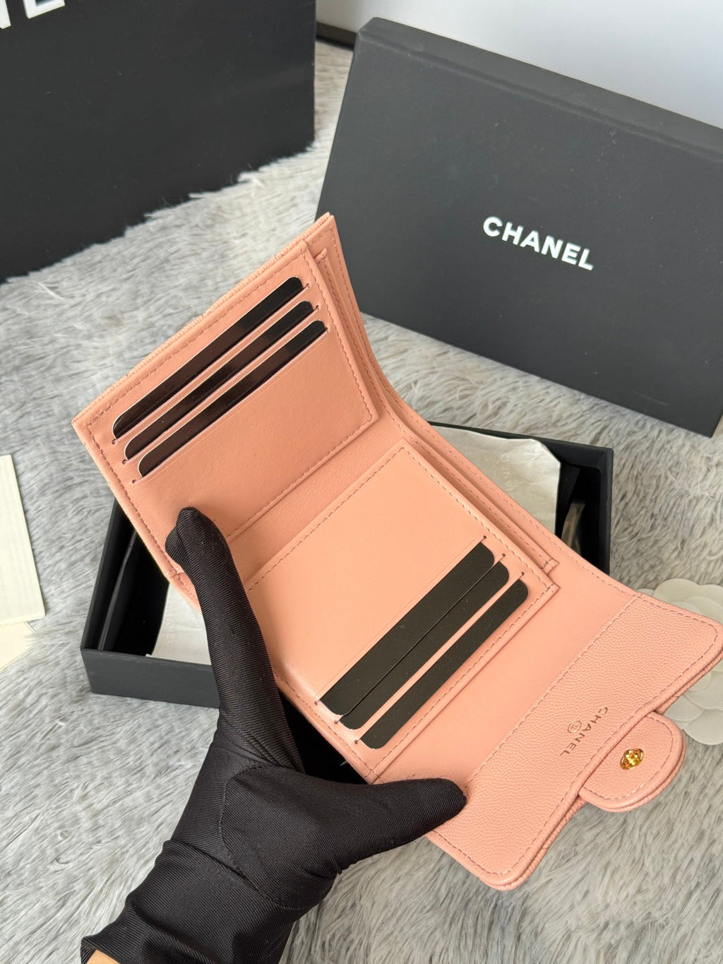 Chanel 25S Cf Small Tri Fold Wallet 11 in Peach Pink Caviar Gold Hardware
