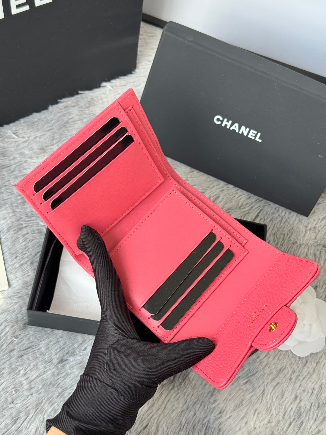 Chanel 25S Cf Small Tri Fold Wallet 11 in Watermelon Caviar Gold Hardware