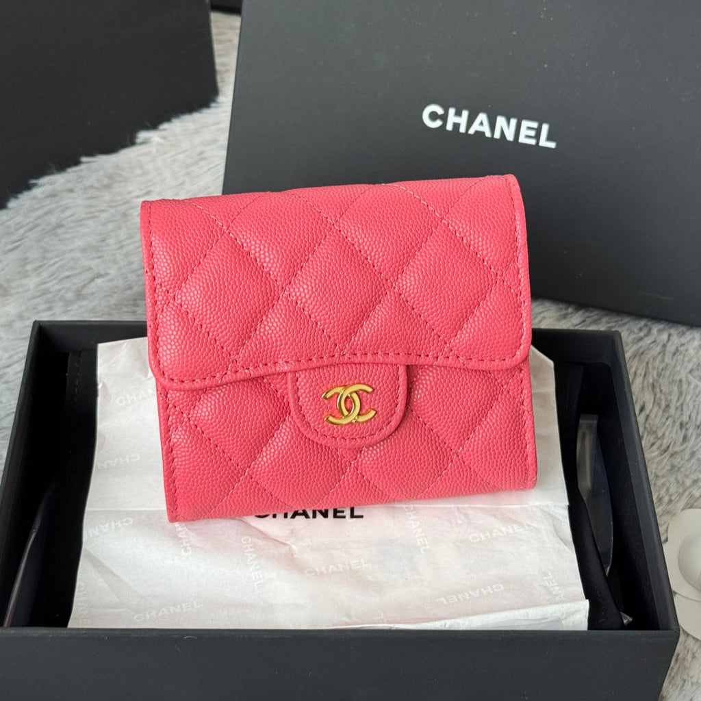 Chanel 25S Cf Small Tri Fold Wallet 11 in Watermelon Caviar Gold Hardware