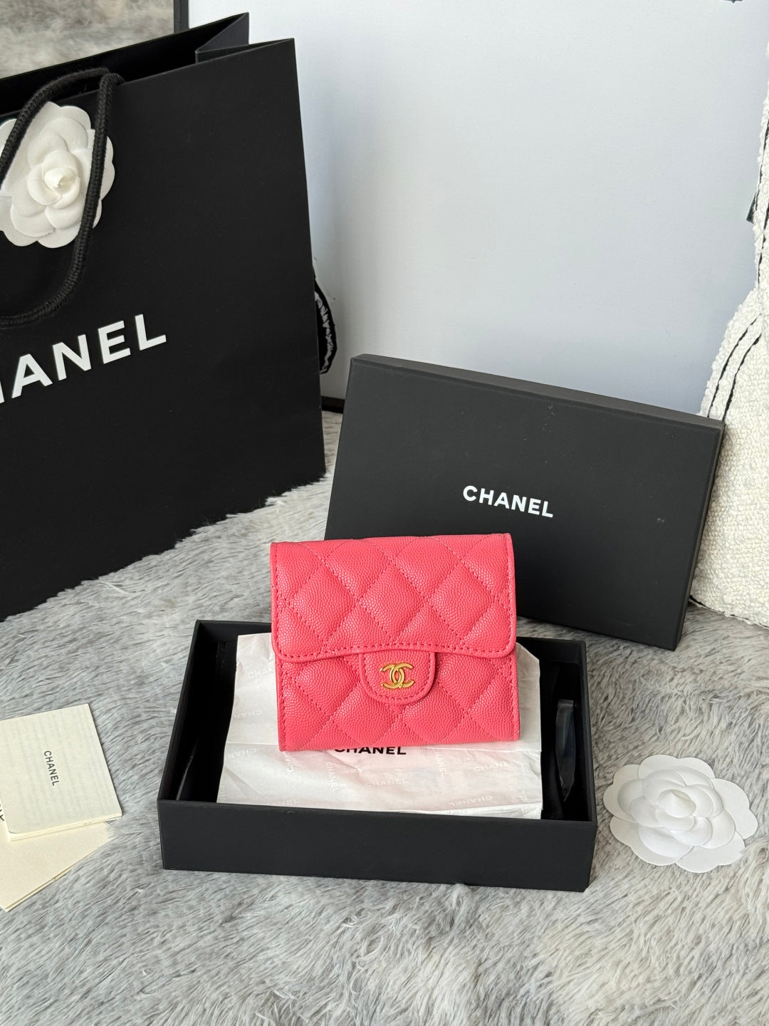 Chanel 25S Cf Small Tri Fold Wallet 11 in Watermelon Caviar Gold Hardware