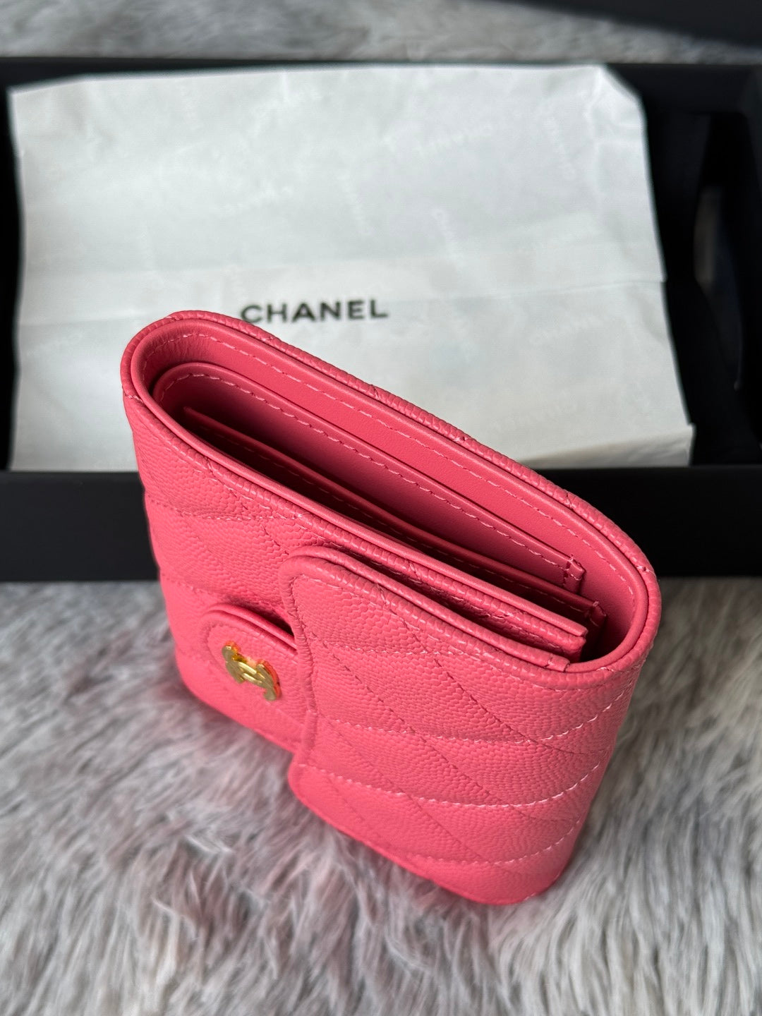 Chanel 25S Cf Small Tri Fold Wallet 11 in Watermelon Caviar Gold Hardware