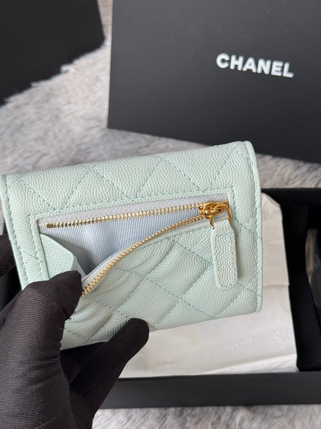 Chanel 25S Cf Small Tri Fold Wallet 11 in Soft Mint Caviar Gold Hardware