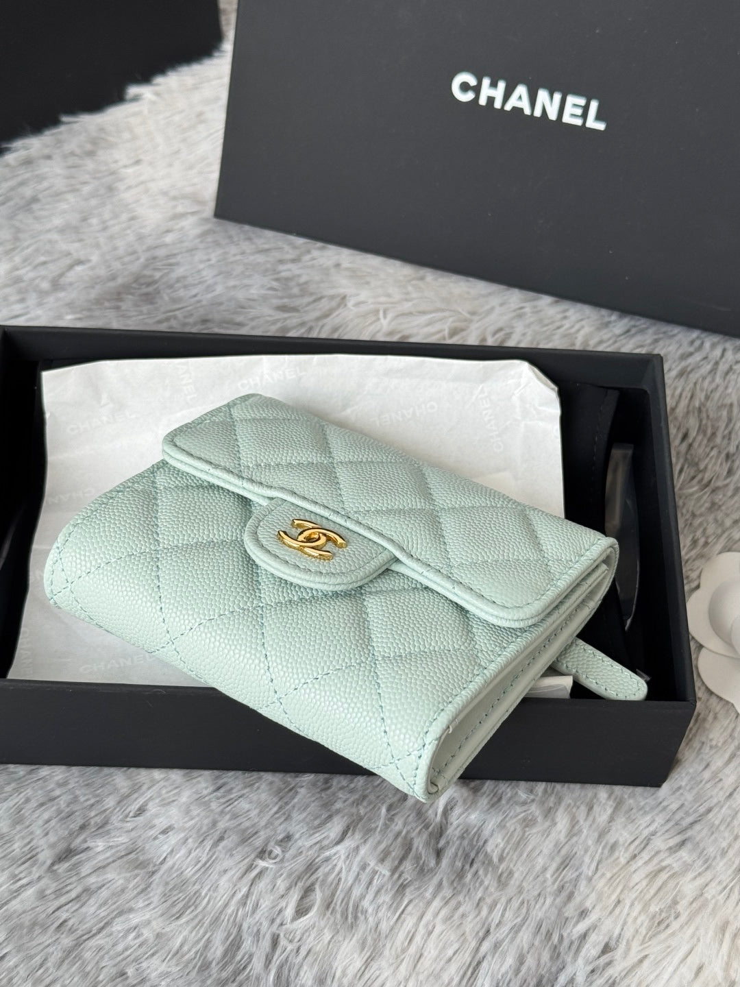 Chanel 25S Cf Small Tri Fold Wallet 11 in Soft Mint Caviar Gold Hardware