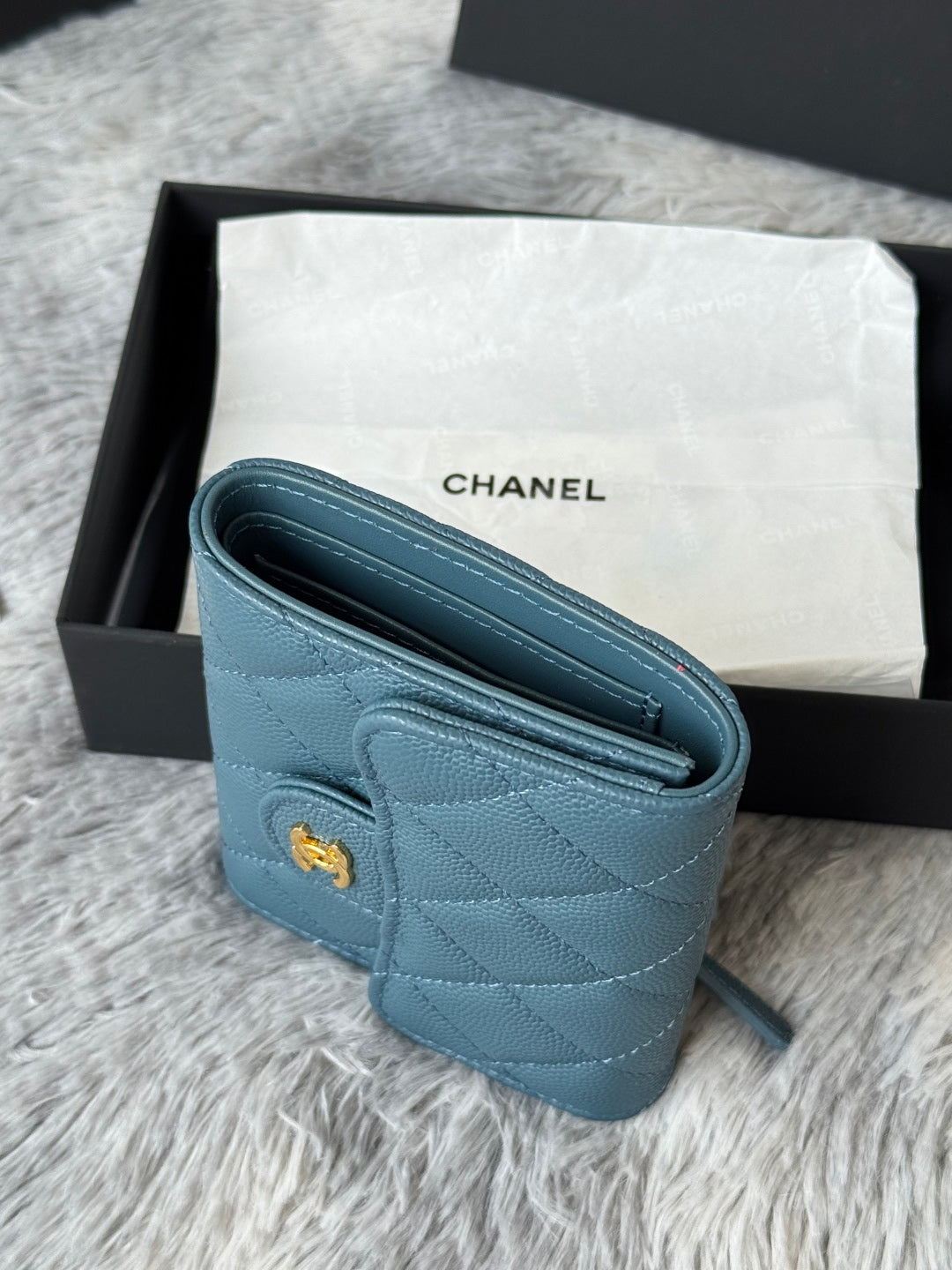 Chanel 25S Cf Small Tri Fold Wallet 11 in Slate Blue Caviar Gold Hardware
