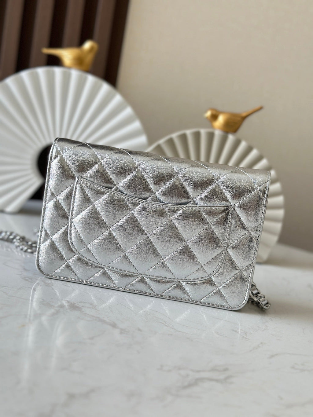Chanel 25S Wallet On Chain 19 in Silver Lambskin