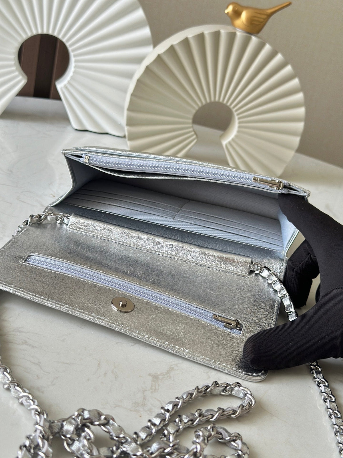 Chanel 25S Wallet On Chain 19 in Silver Lambskin