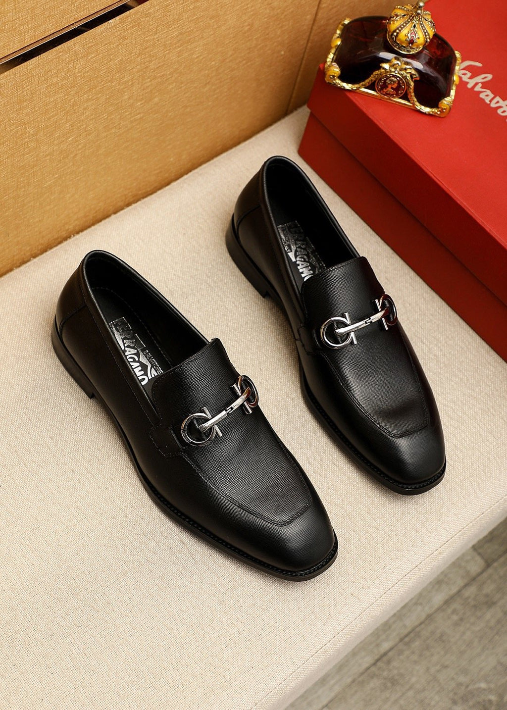 Ferragamo Black Hardware Loafers — front