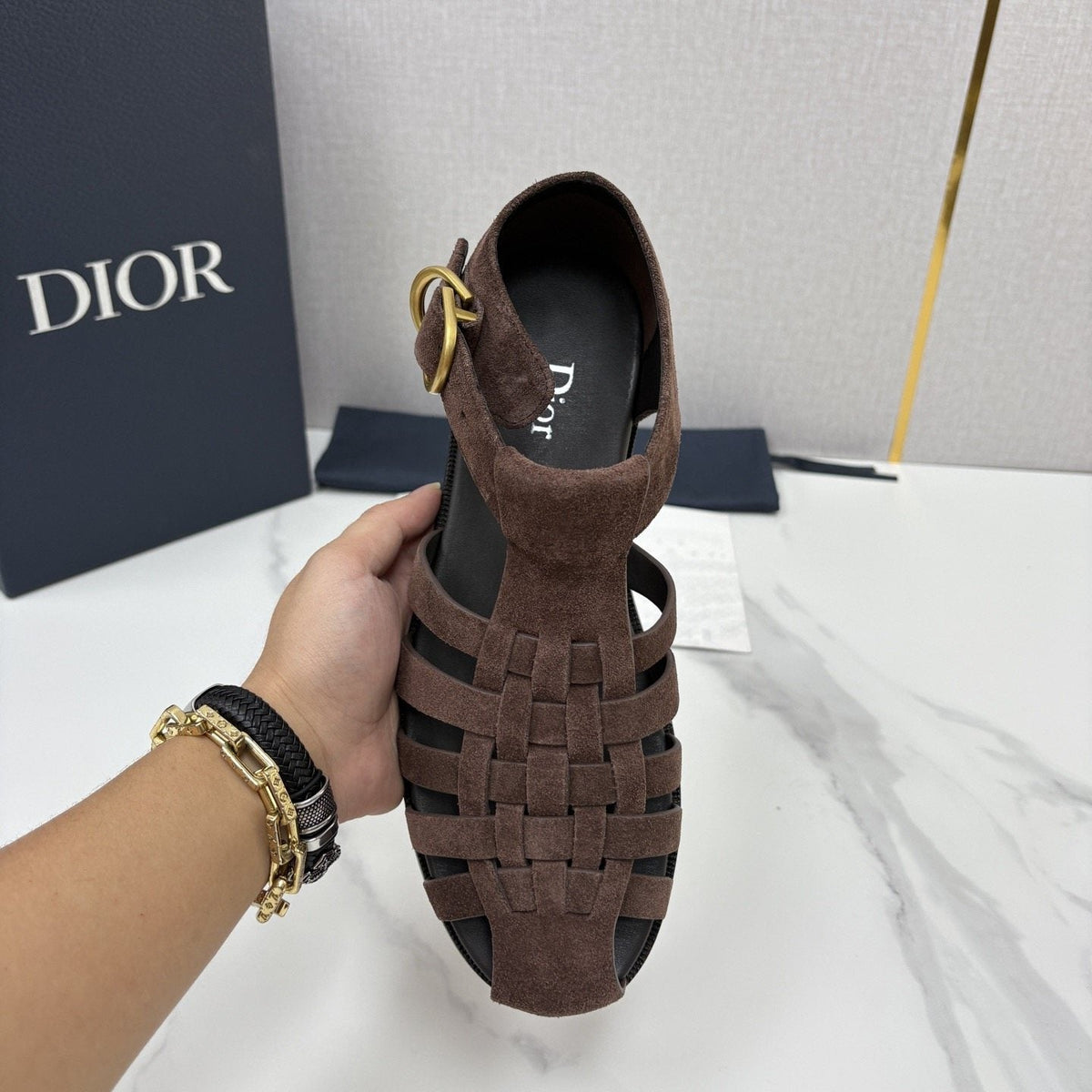 Dior Brown Woven Fisherman Sandals — model