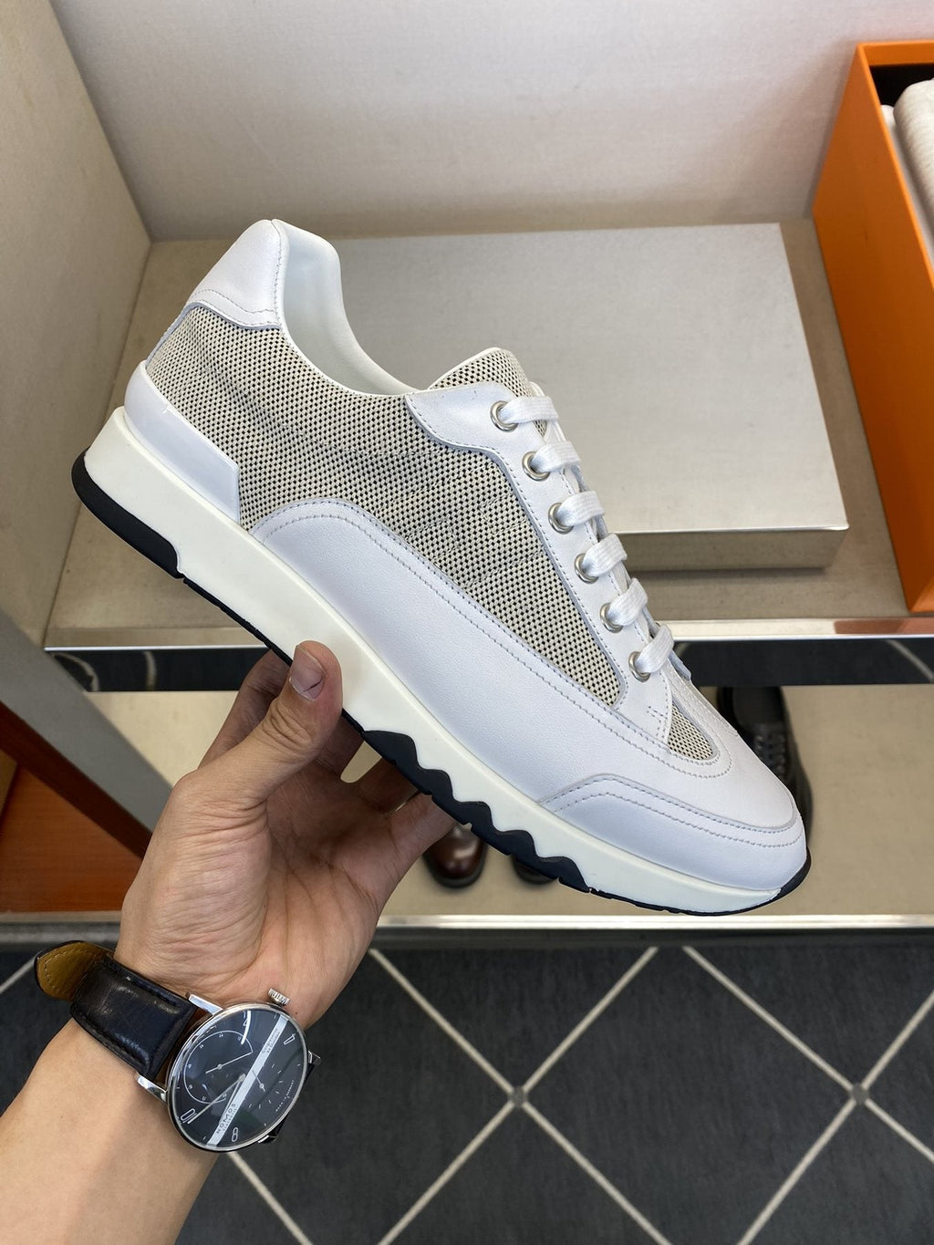 Hermès White & Gray Low-Top Sneakers — side