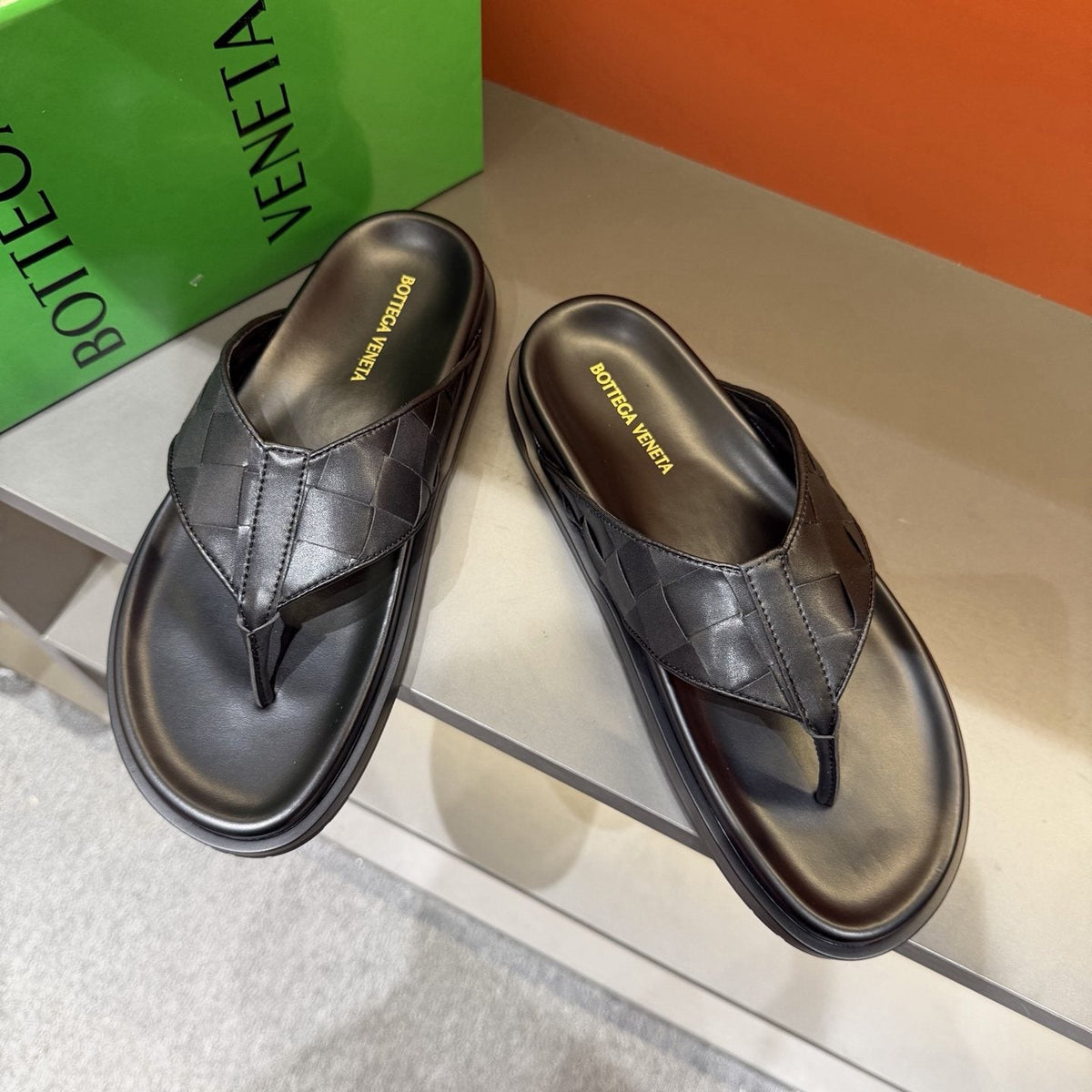 Bottega Veneta Black Woven Thong Sandals — side
