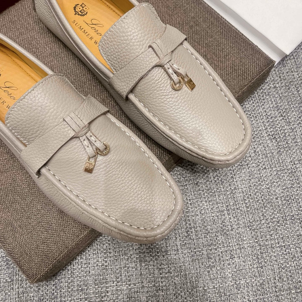 Loro Piana Light Gray Metal-Accent Driving Loafers — detail