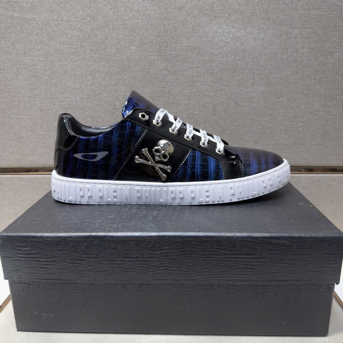 Philipp Plein Black and Gray Plaid Low-Top Sneakers — side