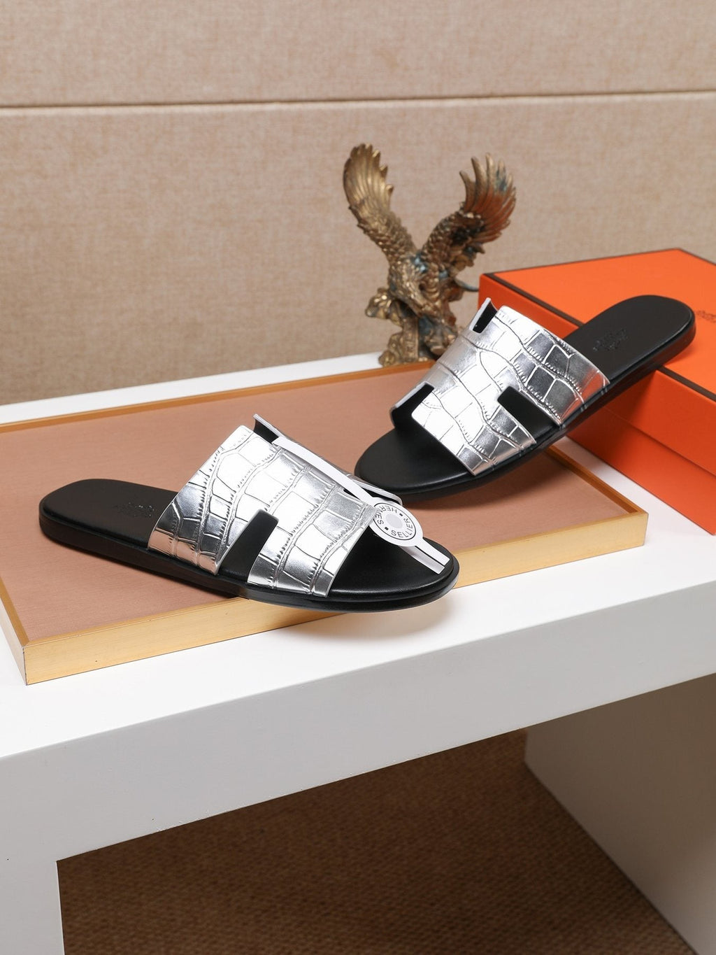 Hermès Croc-Embossed H Slide Sandals — side